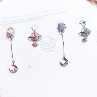 Non-matching Rhinestone Planet & Moon Dangle Earring