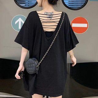 Short-sleeve Strappy Open Back Plain Tee