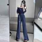 Off-shoulder Denim Wide Leg Jumpsuit / Chain Strap Belt Bag / Set