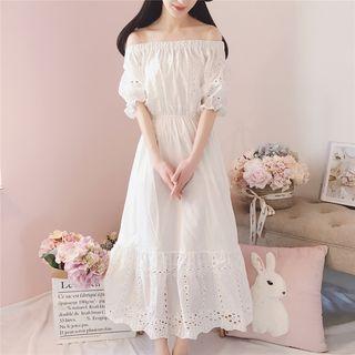 Embroidered Off Shoulder Elbow Sleeve Midi Dress