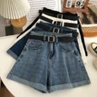 High-waist Denim Wide Leg A-line Pants With Belt