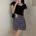 Short-sleeve Lace Trim Top / Plaid Tie-waist A-line Mini Skirt