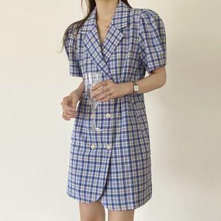 V-neck Plaid Color-block A-line Mini Dress