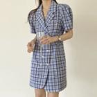 V-neck Plaid Color-block A-line Mini Dress