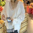 Plain Long-sleeve Loose-fit Shirt / Lace Sleeveless Top