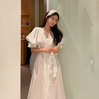Puff-sleeve Ruffle Trim Tie Waist Dress