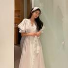 Puff-sleeve Ruffle Trim Tie Waist Dress