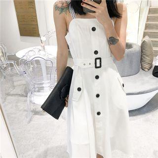 Lettering-strap Buttoned A-line Dress