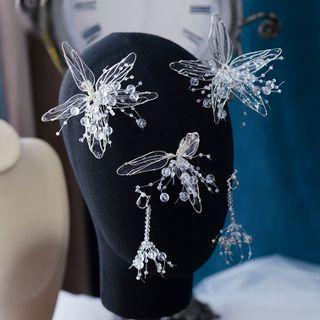 Set: Rhinestone Floral Hair Clip + Floral Drop Earring White - One Size
