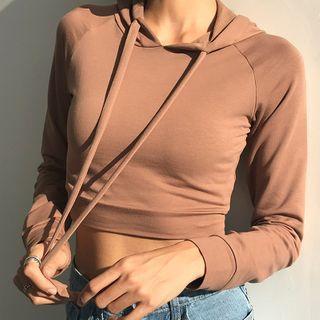 Long-sleeve Plain Hooded Cropped T-shirt