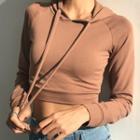 Long-sleeve Plain Hooded Cropped T-shirt