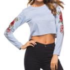 Flower Embroidered Cropped Long Sleeve T-shirt
