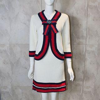 Set: Bow-accent Contrast-trim Cardigan + Skirt