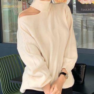 Turtleneck Cold-shoulder Sweater White - One Size