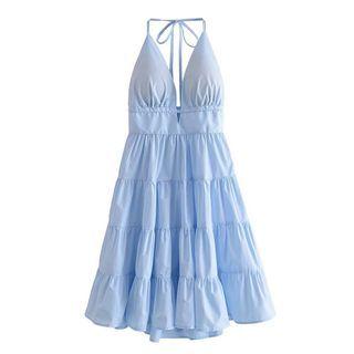 Halter-neck Tiered Mini A-line Dress