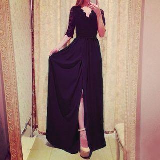 Mock Two Piece Lace 3/4 Sleeve Maxi Dress