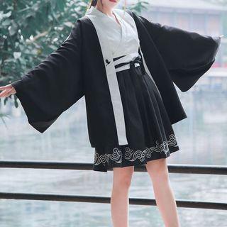 Set: Long-sleeve Print Mini A-line Dress + Open-front Jacket
