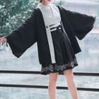 Set: Long-sleeve Print Mini A-line Dress + Open-front Jacket