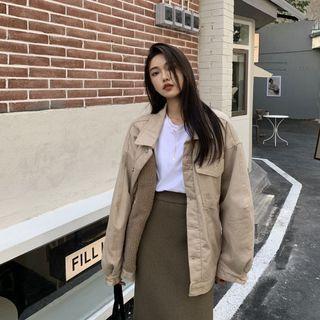 Fleece-lined Denim Jacket Khaki - One Size