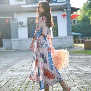 Feather Printed 3/4-sleeve Dress