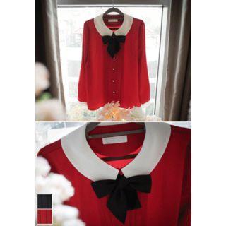 Contrast-collar Pintuck Blouse With Scarf