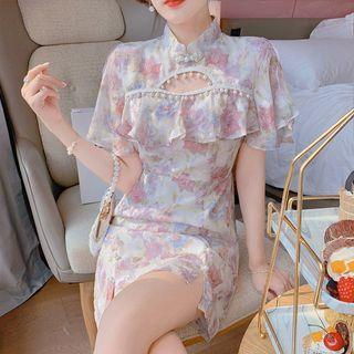 Short-sleeve Floral Print Midi Qipao Dress / Mini Qipao Dress