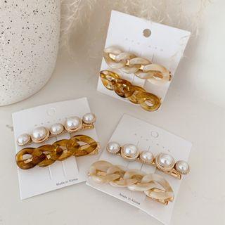 Set Of 2: Faux Pearl Hair Clip + Chain Hair Clip