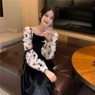 Puff-sleeve Floral Print Panel A-line Dress Black - One Size