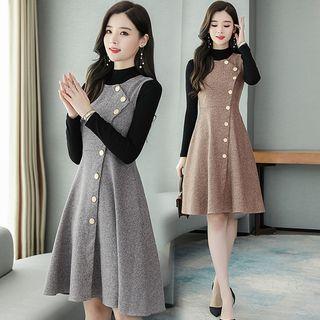 Set: Mock-turtleneck Knit Top + Buttoned A-line Pinafore Dress