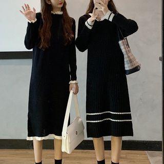 Long-sleeve Two-tone Knit Midi Dress (various Designs)