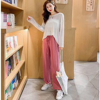 Set: Plain Oversize Long-sleeve T-shirt + Tube Top + Drawstring Wide-leg Pants