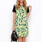 Leaf Print Panel Short Sleeve T-shirt Dress