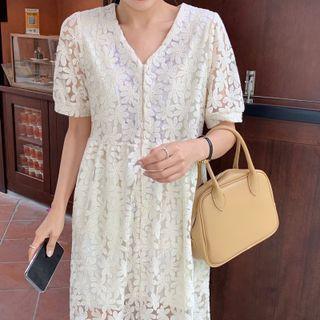 Puff-sleeve Floral Midi A-line Lace Dress Almond - One Size