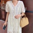 Puff-sleeve Floral Midi A-line Lace Dress Almond - One Size