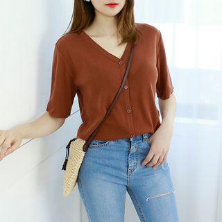 Petite Size - V-neck Elbow-sleeve Summer Cardigan