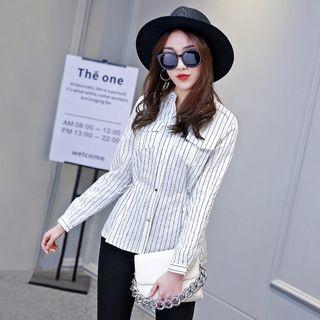 Long-sleeve Striped Gather-waist Shirt