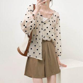 Round-neck Dotted Blouse / Plain Tank Top / High-waist Plain Wide Leg Pants