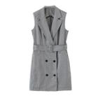 Sleeveless Belted Double-breasted Houndstooth Sheath Dress