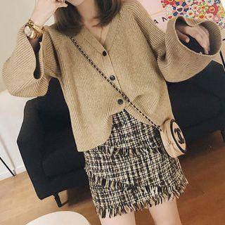 Set: Rib-knit Cardigan + Tweed Mini Fitted Skirt