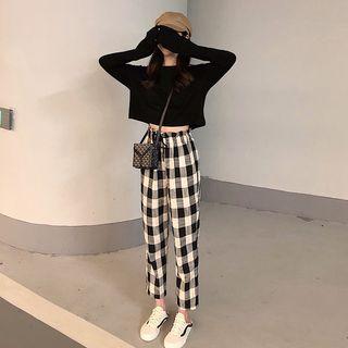 Long-sleeve Cropped T-shirt / Gingham Straight-cut Pants