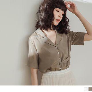 Lapel Collar Asymmetric Short-sleeve Satin Blouse