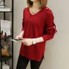 Lace-up Long-sleeve V-neck Sweater