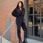 Hooded Drawstring-waist Velvet Jumpsuit