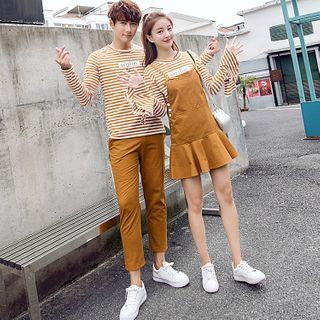 Couple Matching Striped T-shirt / Straight-cut Pants / Mini Pinafore Dress