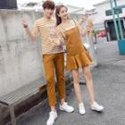 Couple Matching Striped T-shirt / Straight-cut Pants / Mini Pinafore Dress