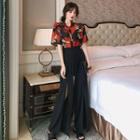 Flower Print Sheer Short-sleeve Shirt / Split Wide Leg Pants