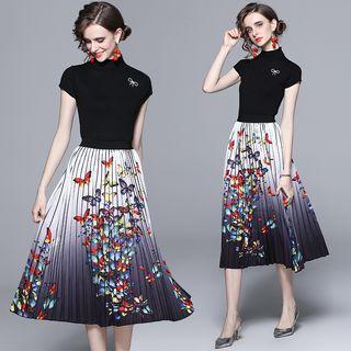 Set: Short-sleeve Mock Neck Top + Midi A-line Skirt