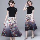 Set: Short-sleeve Mock Neck Top + Midi A-line Skirt