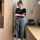 Short-sleeve Lettering T-shirt / Shirred Midi A-line Skirt