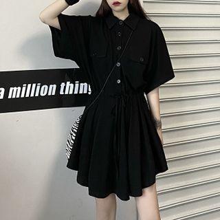 Elbow-sleeve Plain Mini Shirtdress Black - One Size